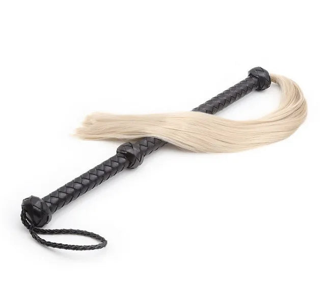 Enchanting Blonde Hair Spanking Flogger Whip with Black PU Leather Handle for Adult Bedroom Sensory Play
