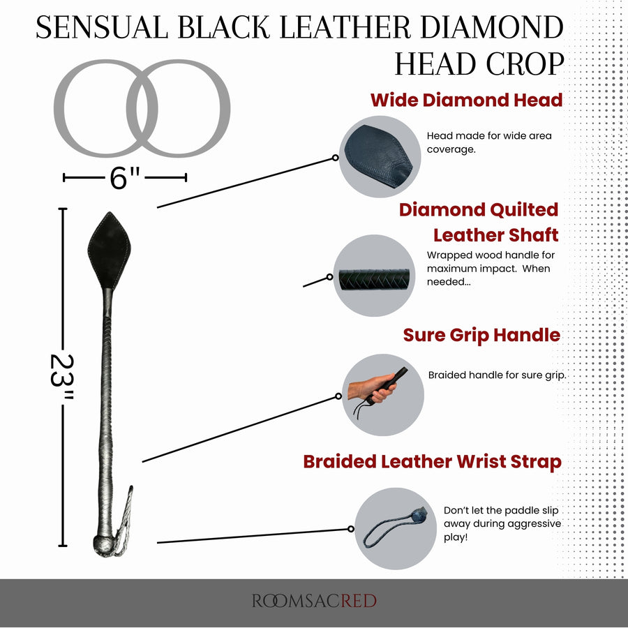 Sensual Black Leather Diamond Head Crop Braided Handle Whip for Easy Grip Braided Wrist Strap Bends for an Elegant Sting 23 Inches