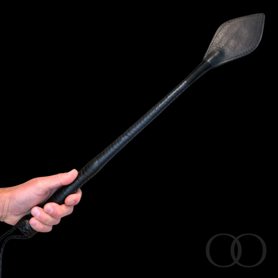 Sensual Black Leather Diamond Head Crop Braided Handle Whip for Easy Grip Braided Wrist Strap Bends for an Elegant Sting 23 Inches