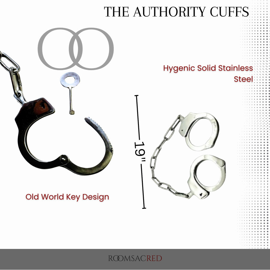 The Authority Cuffs Stainless Steel Restraints with Locking Key and 10-Inch Chain for Dominance Rituals