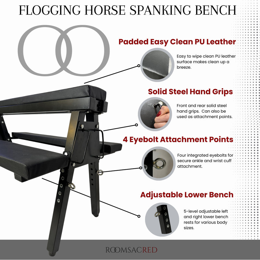 Roomsacred Black Adjustable Height Flogging Horse Spanking Bench With Ankle and Wrist Cuffs Adult Sex Room Furniture