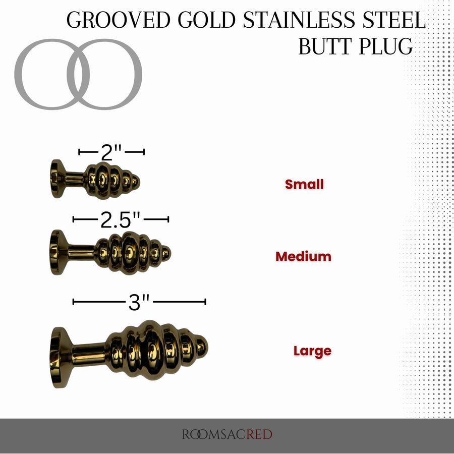 Grooved Gold Stainless Steel Butt Plug Weighted, Sculptural Anal Plug with Rippled Sensation Design and Crystal Base (3 Sizes)