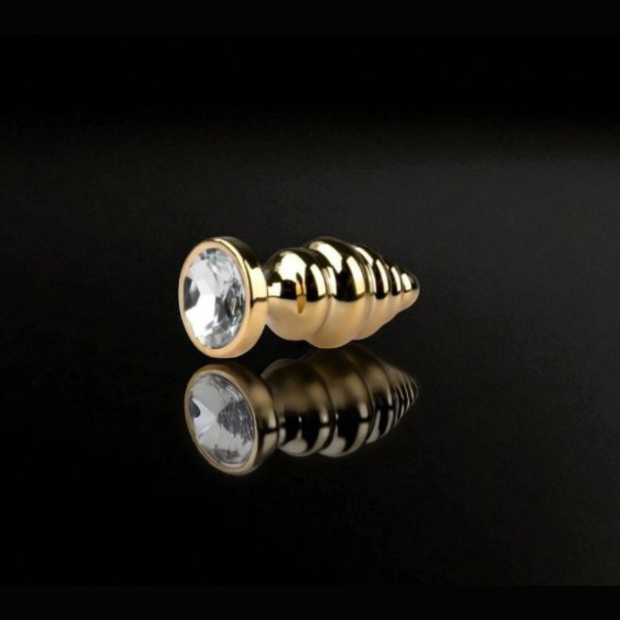 Grooved Gold Stainless Steel Butt Plug Weighted, Sculptural Anal Plug with Rippled Sensation Design and Crystal Base (3 Sizes)