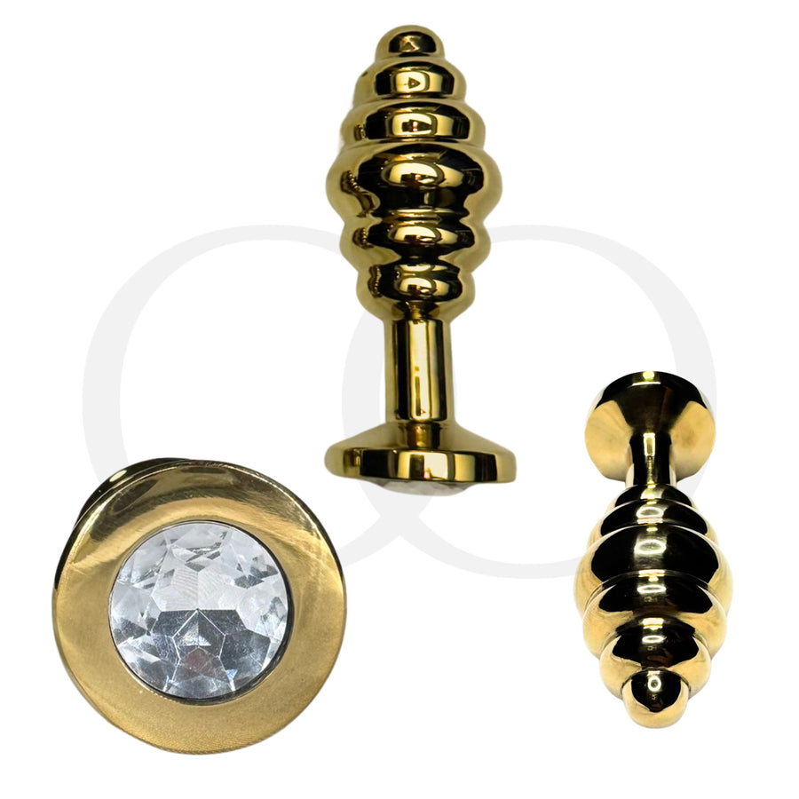 Grooved Gold Stainless Steel Butt Plug Weighted, Sculptural Anal Plug with Rippled Sensation Design and Crystal Base (3 Sizes)