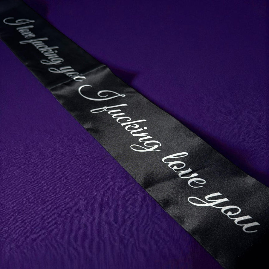 Roomsacred Exclusive Luxury Dual-Sided Black Silk Bondage Wrap with Tassels, Blindfold or Restraint Embroidered with Bold Erotic Confession