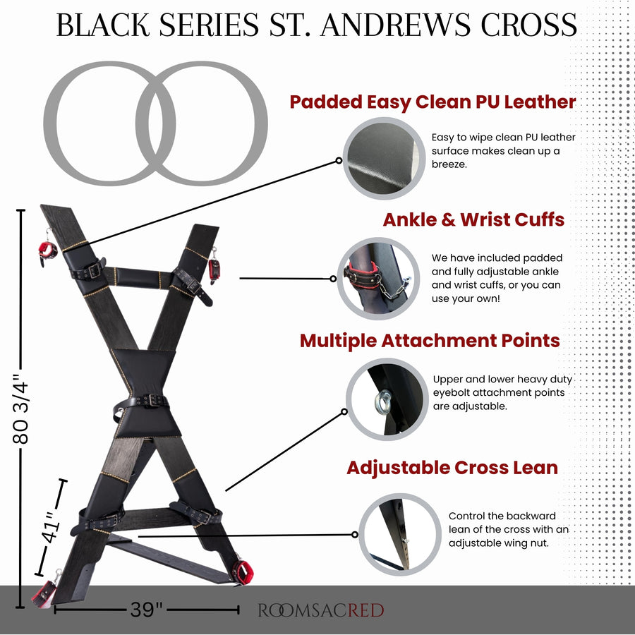 Roomsacred Black Series Luxury St. Andrew's Cross with Wrist and Ankle Cuffs Free Standing or Wall Mount