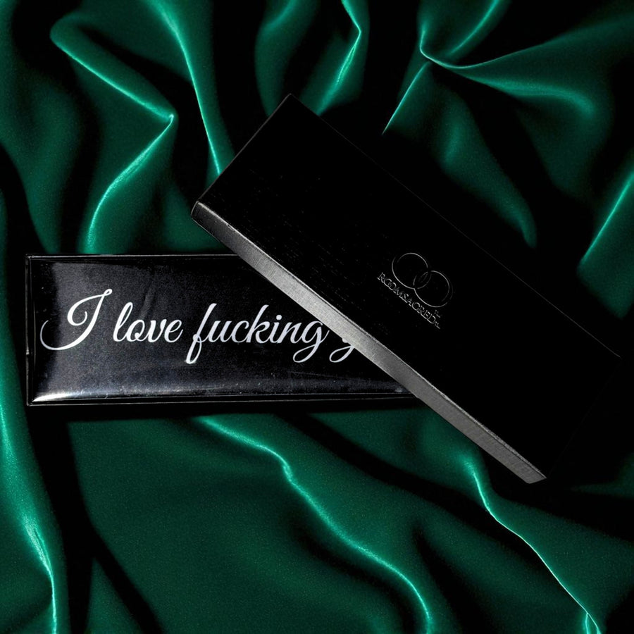 Roomsacred Exclusive Luxury Dual-Sided Black Silk Bondage Wrap with Tassels, Blindfold or Restraint Embroidered with Bold Erotic Confession