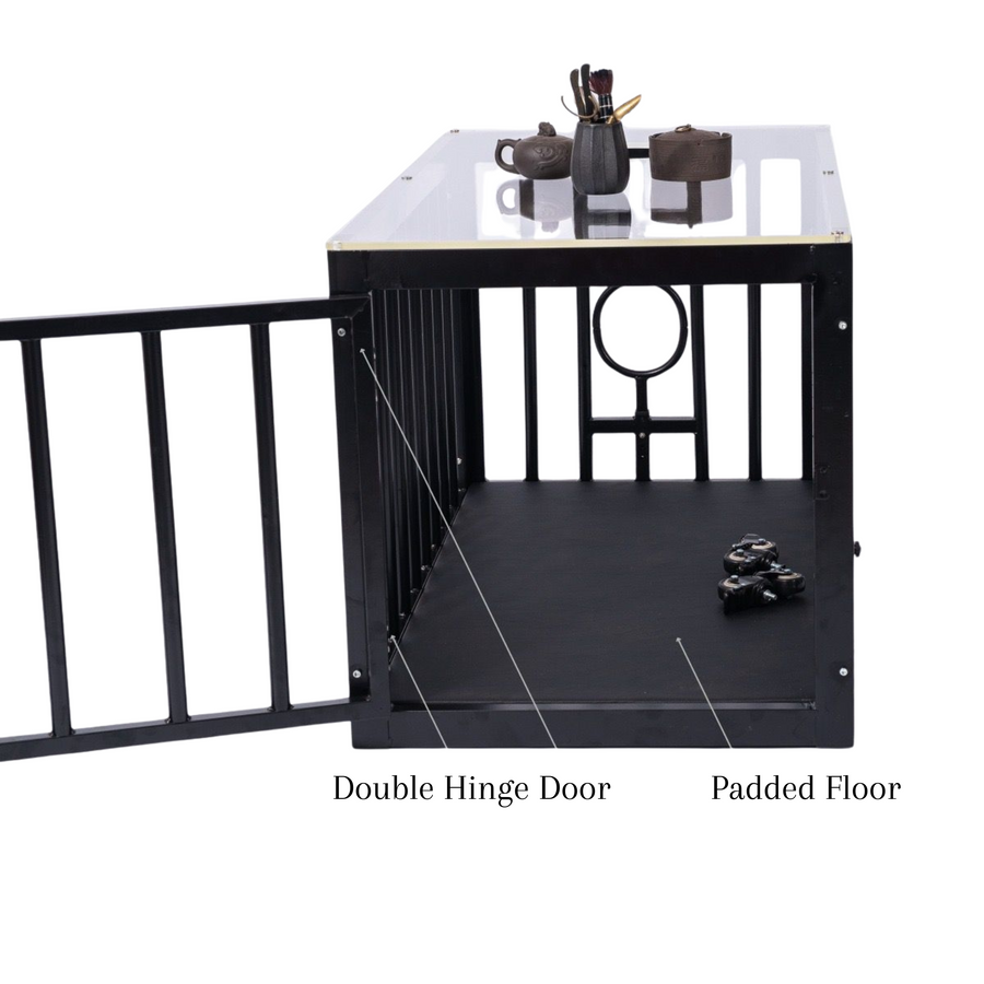 Roomsacred Black Steel Coffee Table BDSM Cage with Black Padded Floor & Clear Acrylic Top