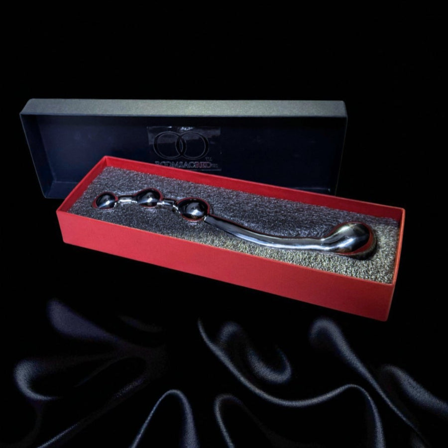 The Pleasure-Wand Solid Stainless Steel Graduated Bead Dildo with Sculpted Handle for Weighty, Penetrative Play