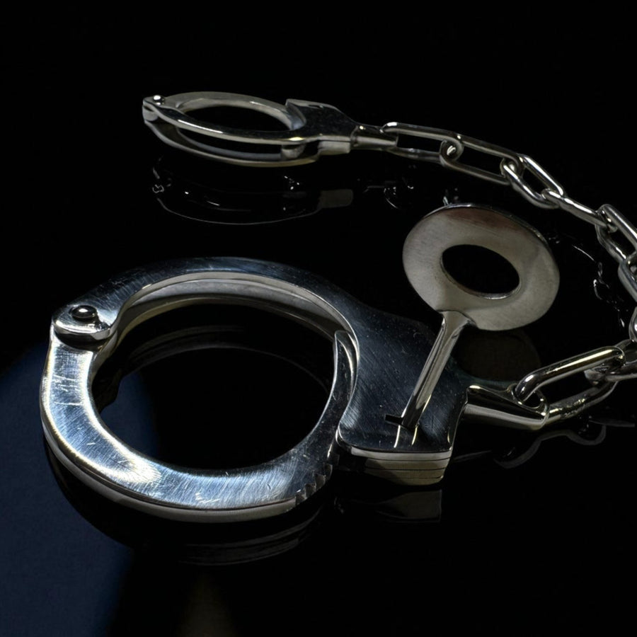 The Authority Cuffs Stainless Steel Restraints with Locking Key and 10-Inch Chain for Dominance Rituals