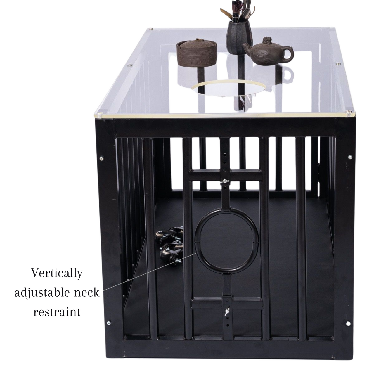 Roomsacred Black Steel Coffee Table BDSM Cage with Black Padded Floor & Clear Acrylic Top