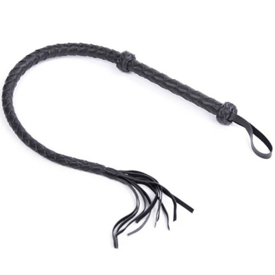 Sleek and Chic 48-Inch Black PU Leather Whip – Elegant Décor and Sensory Play Accessory with Wrapped Handle and Tassel Fronds