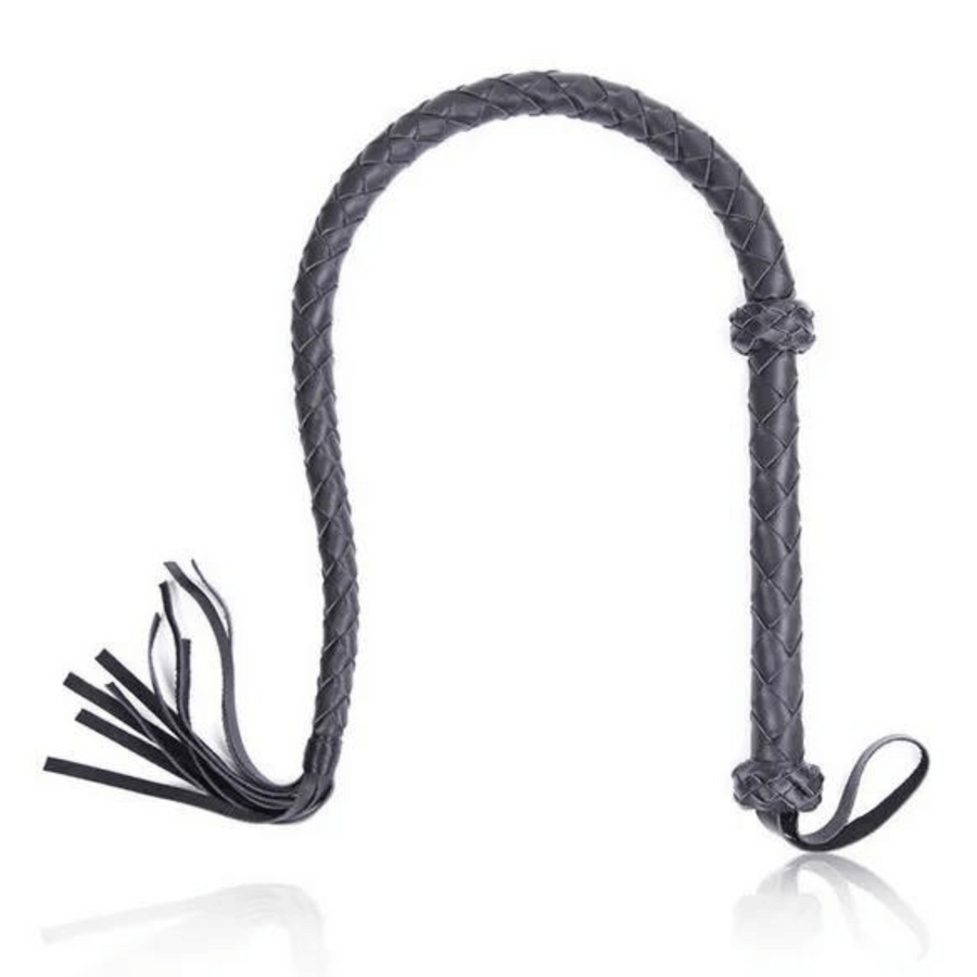 Sleek and Chic 48-Inch Black PU Leather Whip – Elegant Décor and Sensory Play Accessory with Wrapped Handle and Tassel Fronds