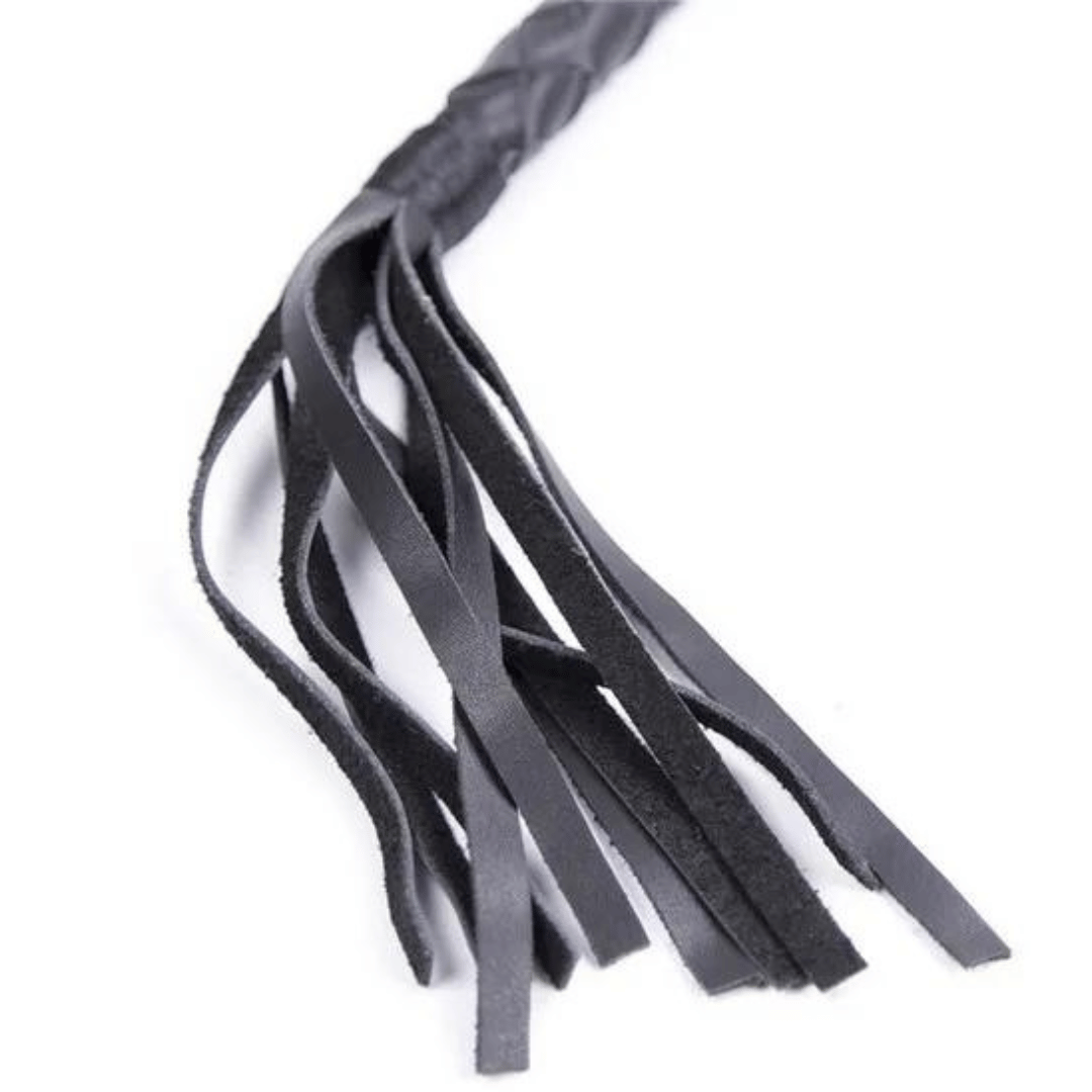 Sleek and Chic 48-Inch Black PU Leather Whip – Elegant Décor and Sensory Play Accessory with Wrapped Handle and Tassel Fronds