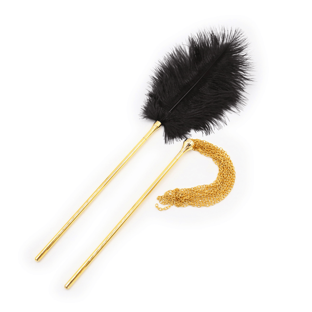 Luxury Pleasure Pain Feather Tickler with Interchangeable Gold Handle and Flogger Attachment Elegant Metal Gold Tassels for Enhanced Sensory Play