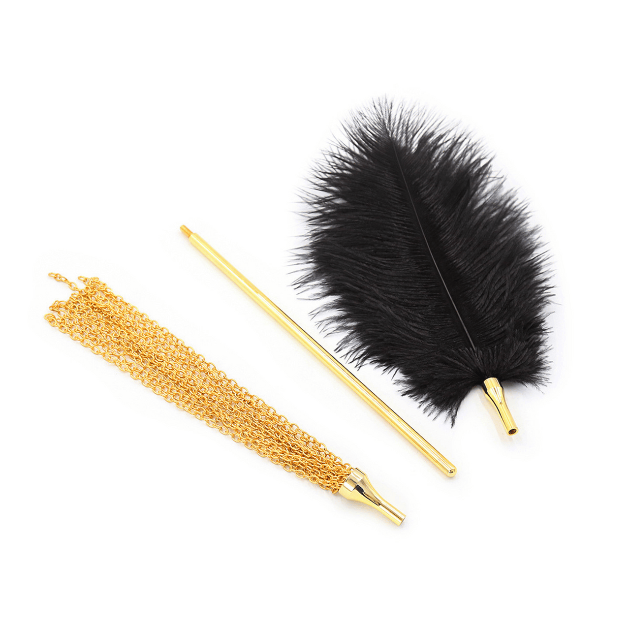 Luxury Pleasure Pain Feather Tickler with Interchangeable Gold Handle and Flogger Attachment Elegant Metal Gold Tassels for Enhanced Sensory Play