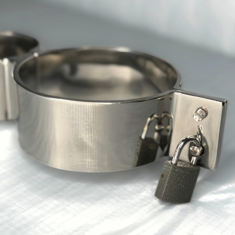 Roomsacred Solid Stainless Steel Luxury Wrist and Ankle Restraints Yoke Heavy Duty Adult Play Cuffs Smooth Polished Finish