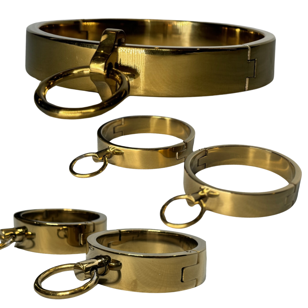 Roomsacred Love Collection Complete Luxury Bondage Set Gold Neck Collar Wrist and Ankle Cuffs BDSM Submissive Gear