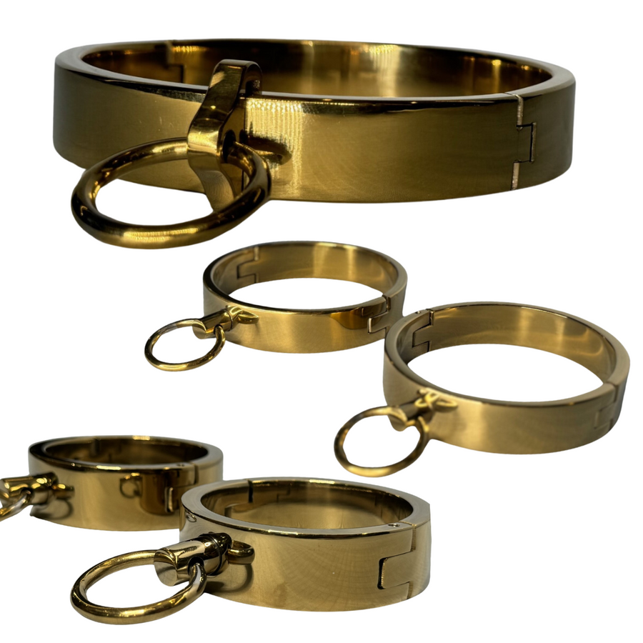 Roomsacred Love Collection Complete Luxury Bondage Set Gold Neck Collar Wrist and Ankle Cuffs BDSM Submissive Gear