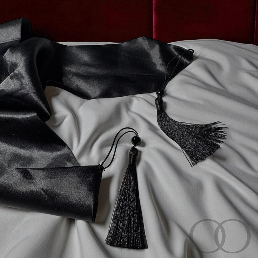 Roomsacred Exclusive Luxury Dual-Sided Black Silk Bondage Wrap with Tassels, Blindfold or Restraint Embroidered with Bold Erotic Confession