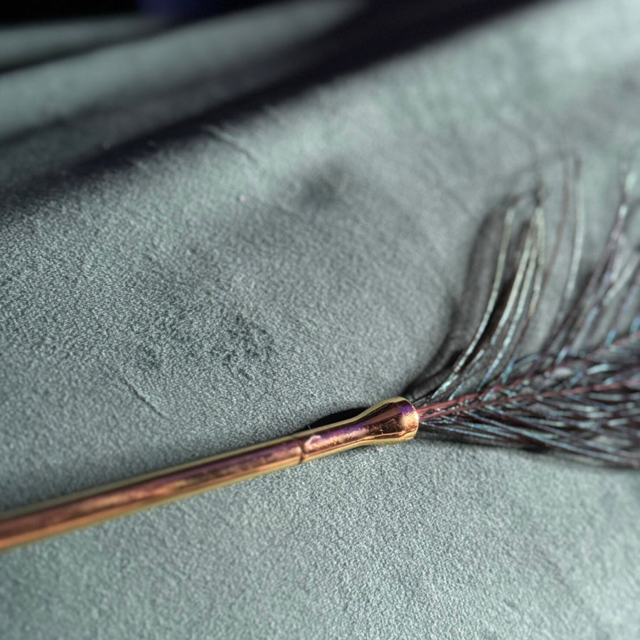 Luxury Peacock Feather Tickler with Gold Accent Handle, French-Inspired Sensory Tease Tool for Couples Sensation Play