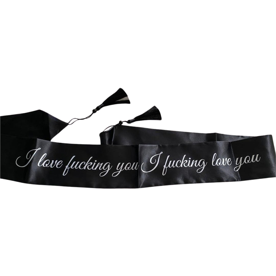 Roomsacred Exclusive Luxury Dual-Sided Black Silk Bondage Wrap with Tassels, Blindfold or Restraint Embroidered with Bold Erotic Confession