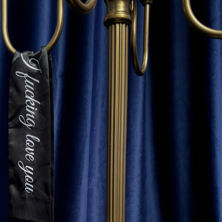 Roomsacred Exclusive Luxury Dual-Sided Black Silk Bondage Wrap with Tassels, Blindfold or Restraint Embroidered with Bold Erotic Confession