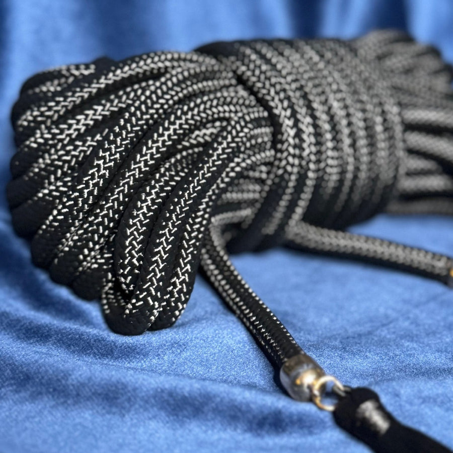 Midnight Silk Bondage Rope 32ft French-Inspired Black Restraint with Gold Accents & Tassel Detail