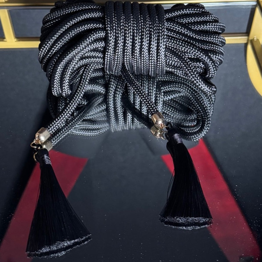 Midnight Silk Bondage Rope 32ft French-Inspired Black Restraint with Gold Accents & Tassel Detail