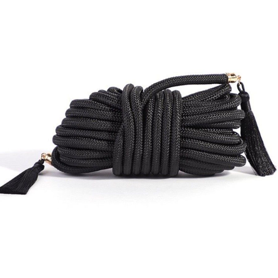 Midnight Silk Bondage Rope 32ft French-Inspired Black Restraint with Gold Accents & Tassel Detail