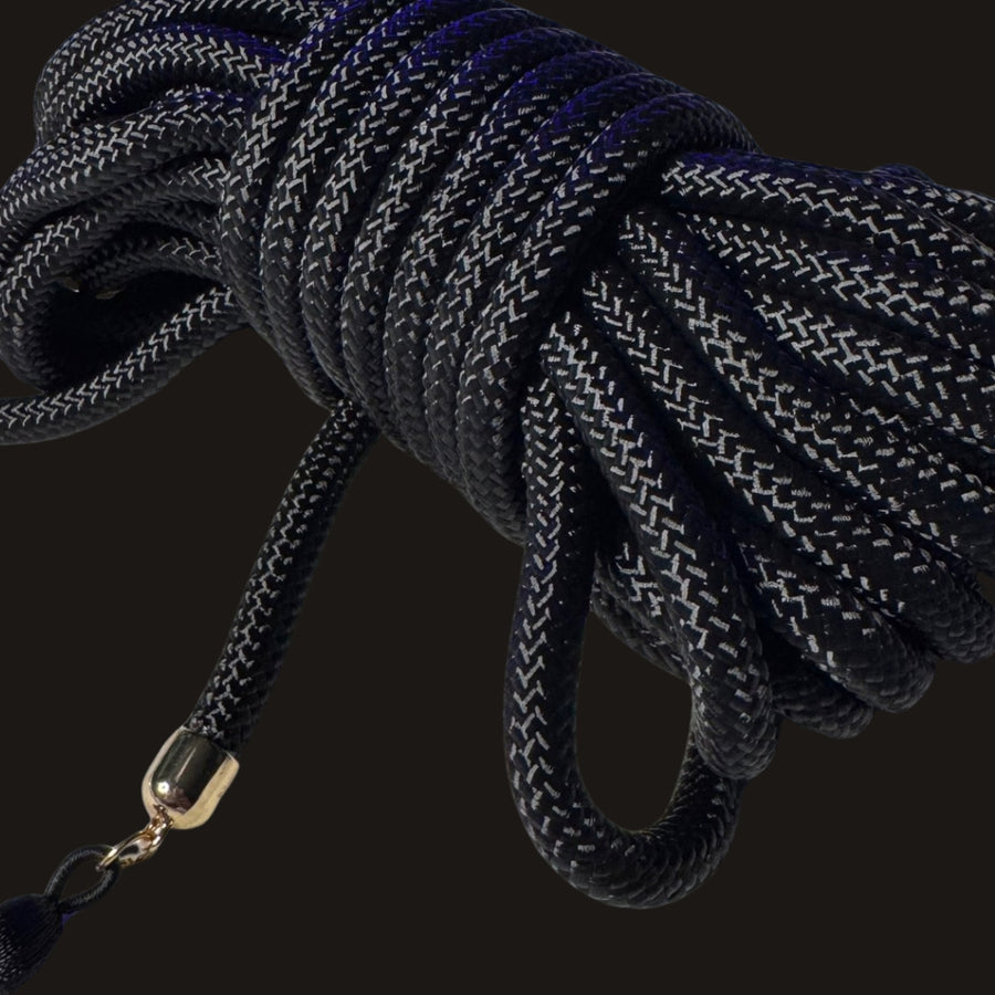 Midnight Silk Bondage Rope 32ft French-Inspired Black Restraint with Gold Accents & Tassel Detail