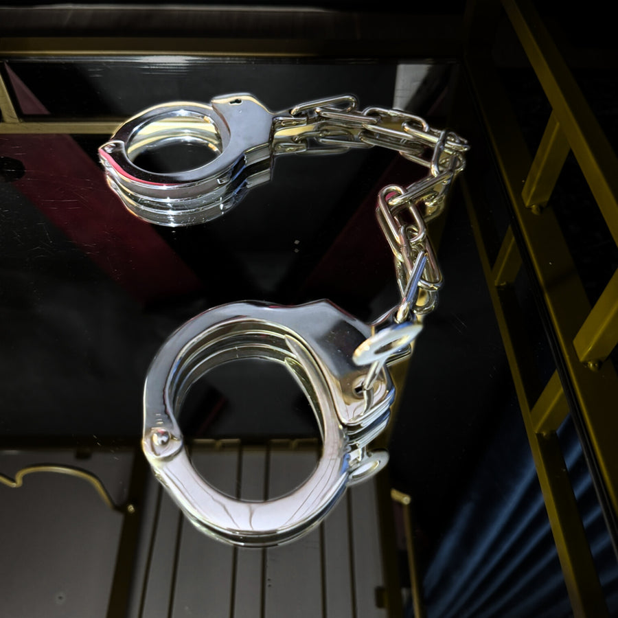 The Authority Cuffs Stainless Steel Restraints with Locking Key and 10-Inch Chain for Dominance Rituals