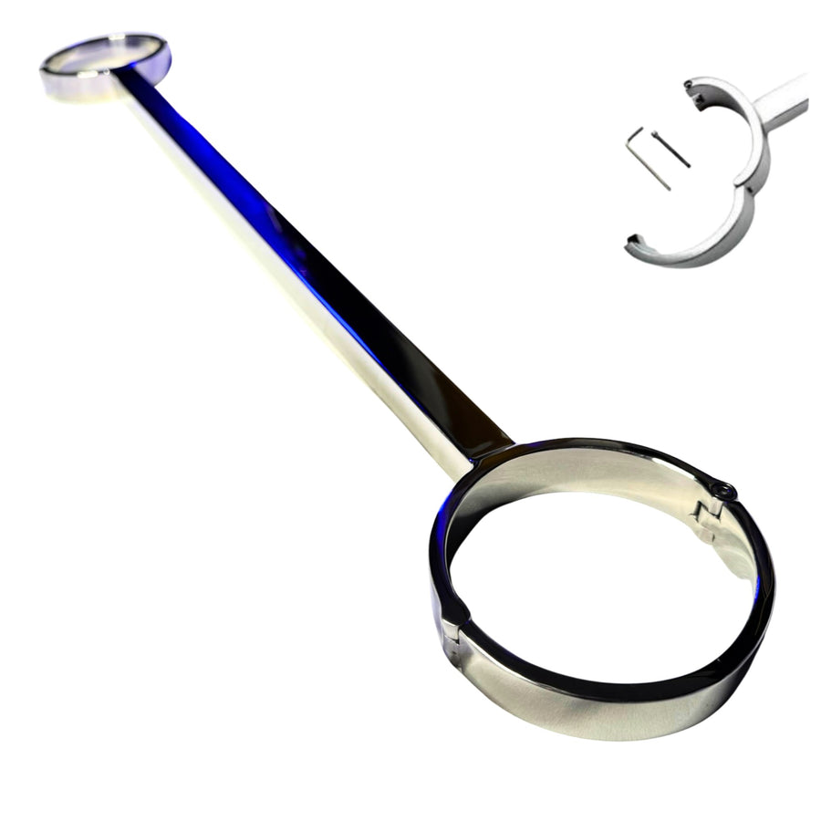 Hinged Stainless Steel Ankle Spreader Bar with Locking Cuffs, Precision-Machined Restraint for Ritualized Control and Postural Exposure