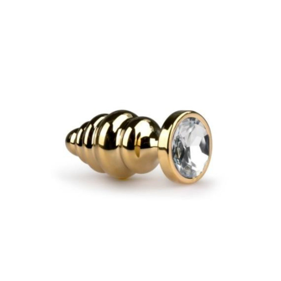 Grooved Gold Stainless Steel Butt Plug Weighted, Sculptural Anal Plug with Rippled Sensation Design and Crystal Base (3 Sizes)