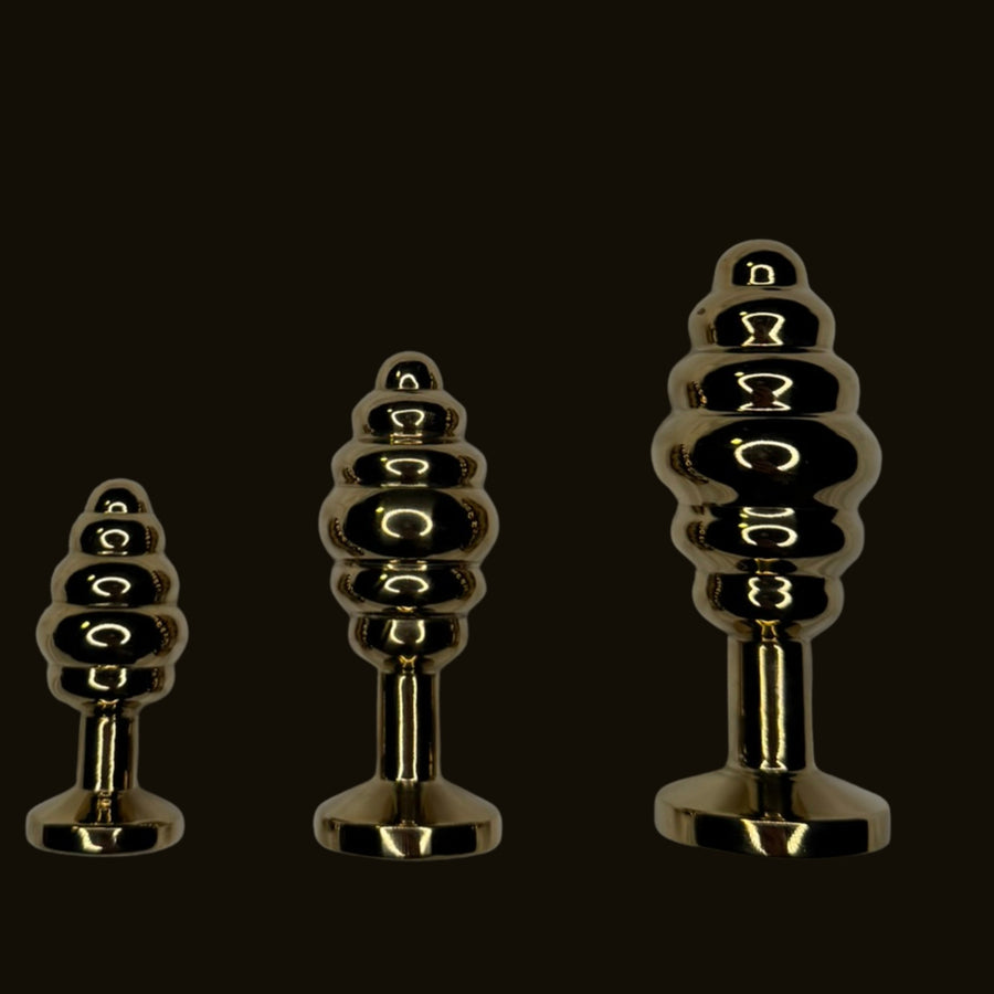 Grooved Gold Stainless Steel Butt Plug Weighted, Sculptural Anal Plug with Rippled Sensation Design and Crystal Base (3 Sizes)