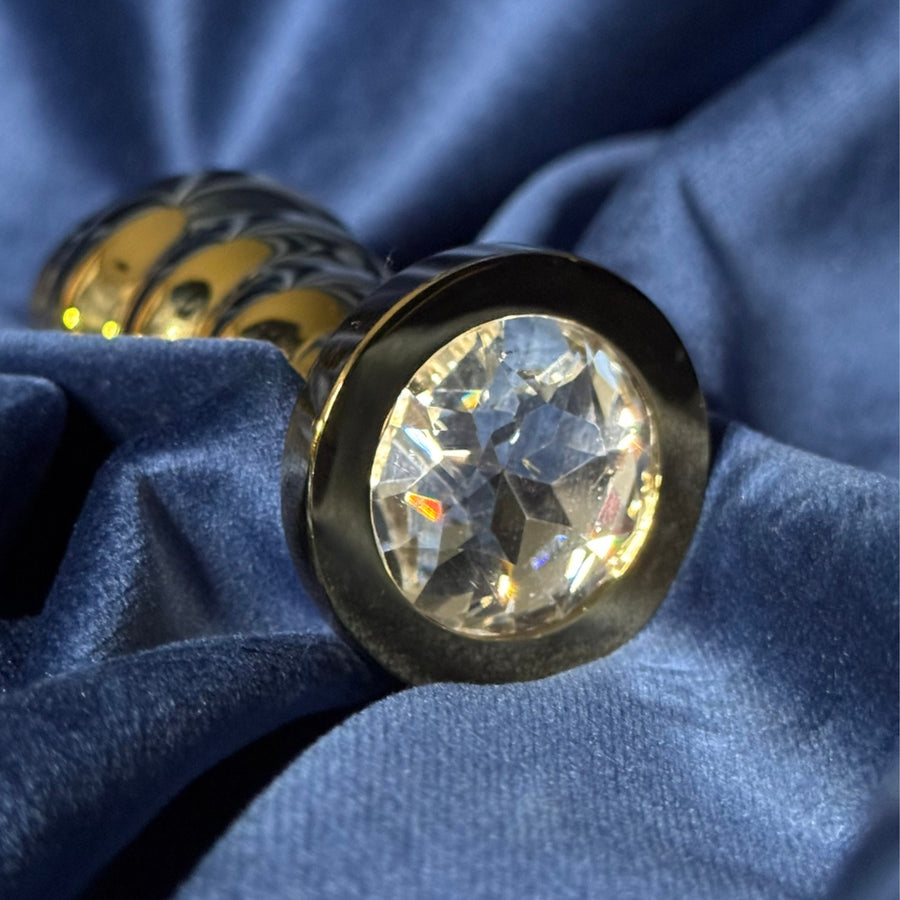 Grooved Gold Stainless Steel Butt Plug Weighted, Sculptural Anal Plug with Rippled Sensation Design and Crystal Base (3 Sizes)
