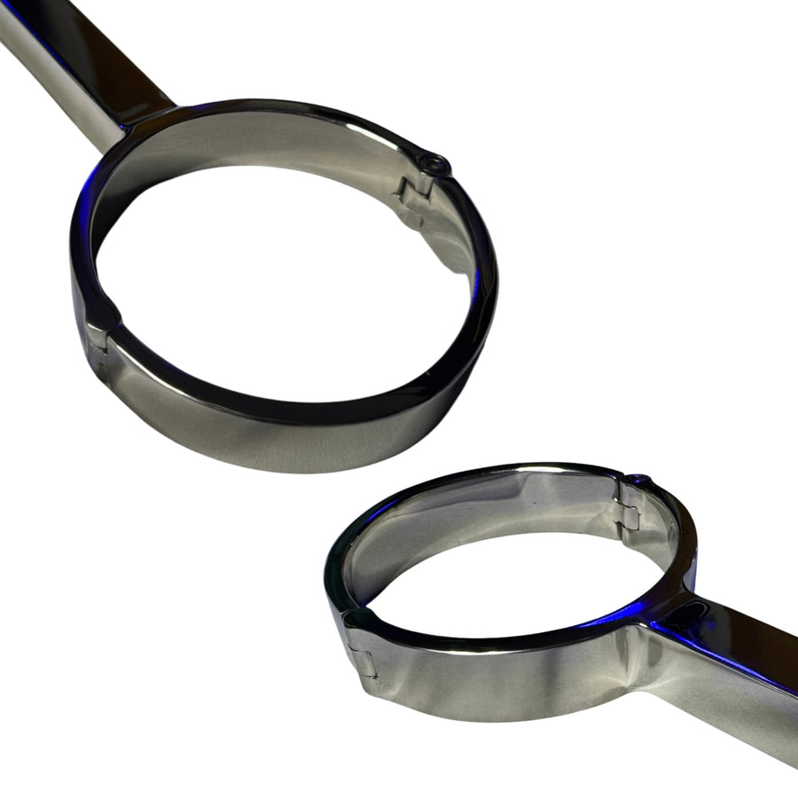 Hinged Stainless Steel Ankle Spreader Bar with Locking Cuffs, Precision-Machined Restraint for Ritualized Control and Postural Exposure