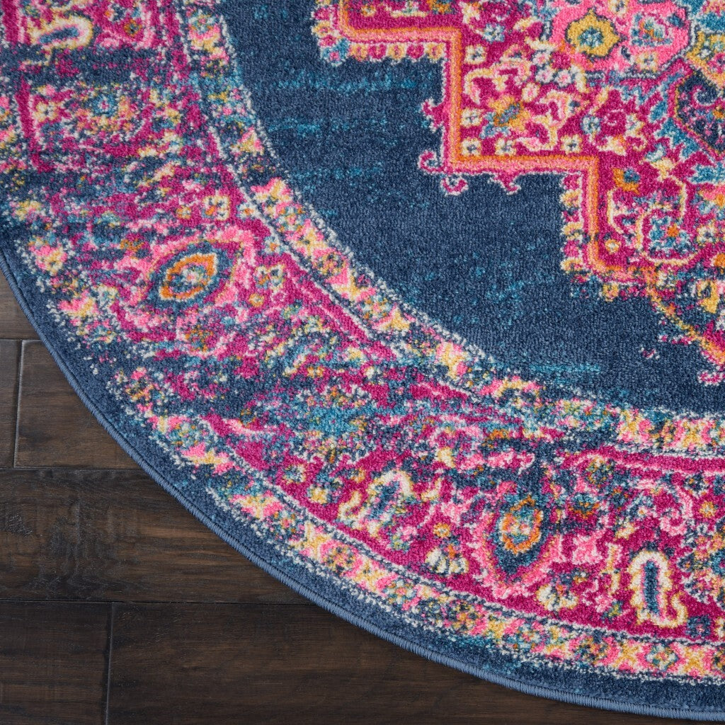 4' Round Blue And Pink Medallion Area Rug