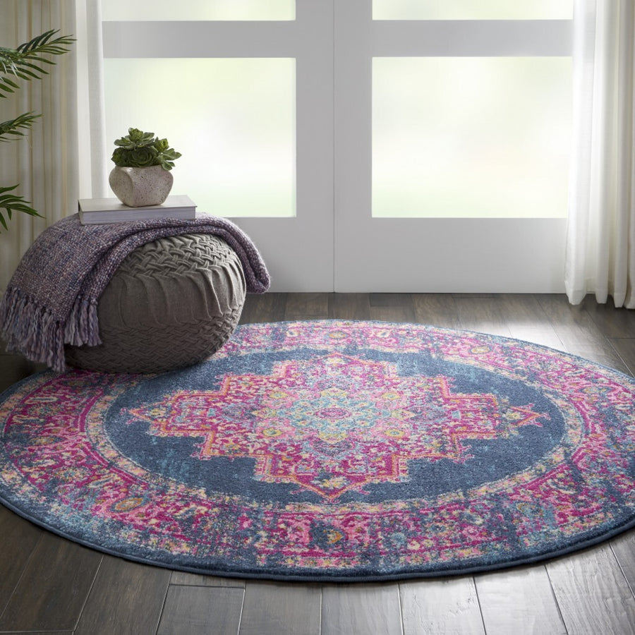 4' Round Blue And Pink Medallion Area Rug