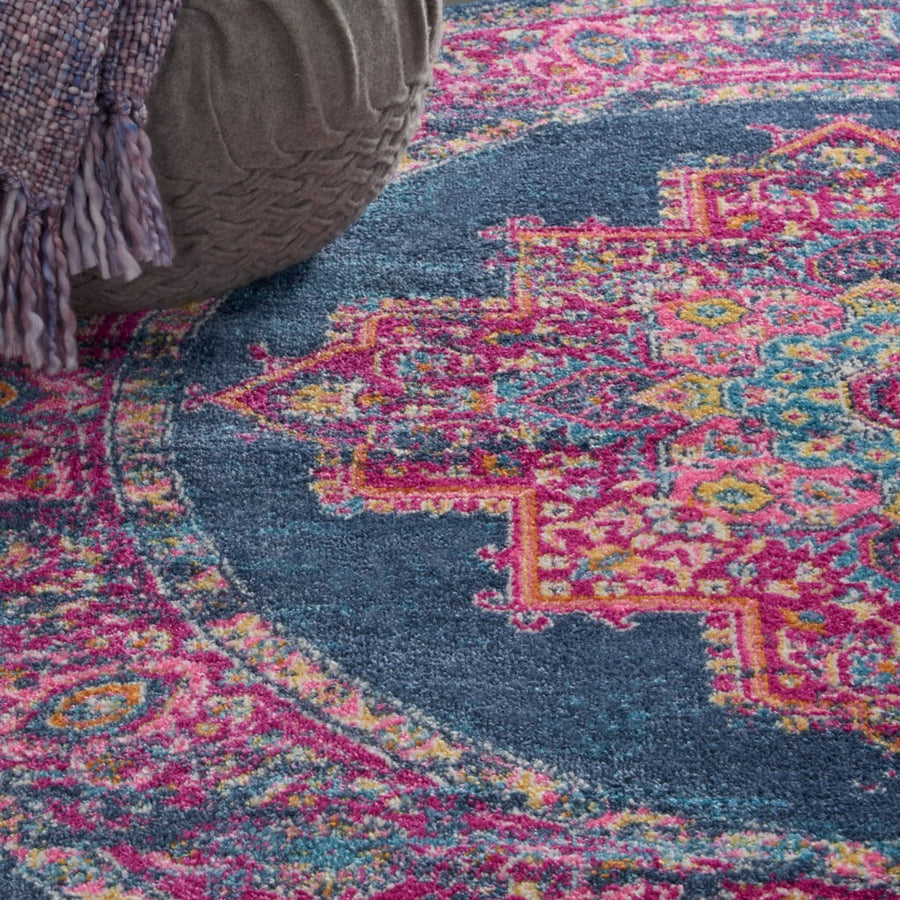 4' Round Blue And Pink Medallion Area Rug
