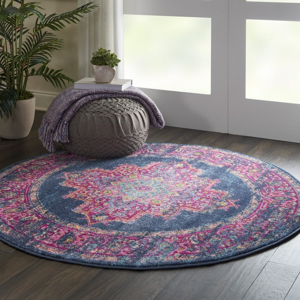 4' Round Blue And Pink Medallion Area Rug